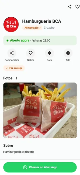 Tela do app Localizei mostrando o perfil da Hamburgueria BCA, aberta agora, com foto e o botão do WhatsApp
